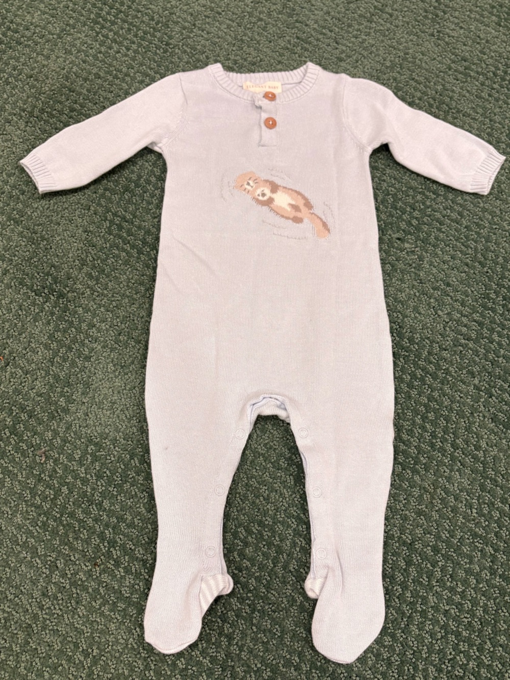Light Blue Baby Knit One-Piece with Otter Motif